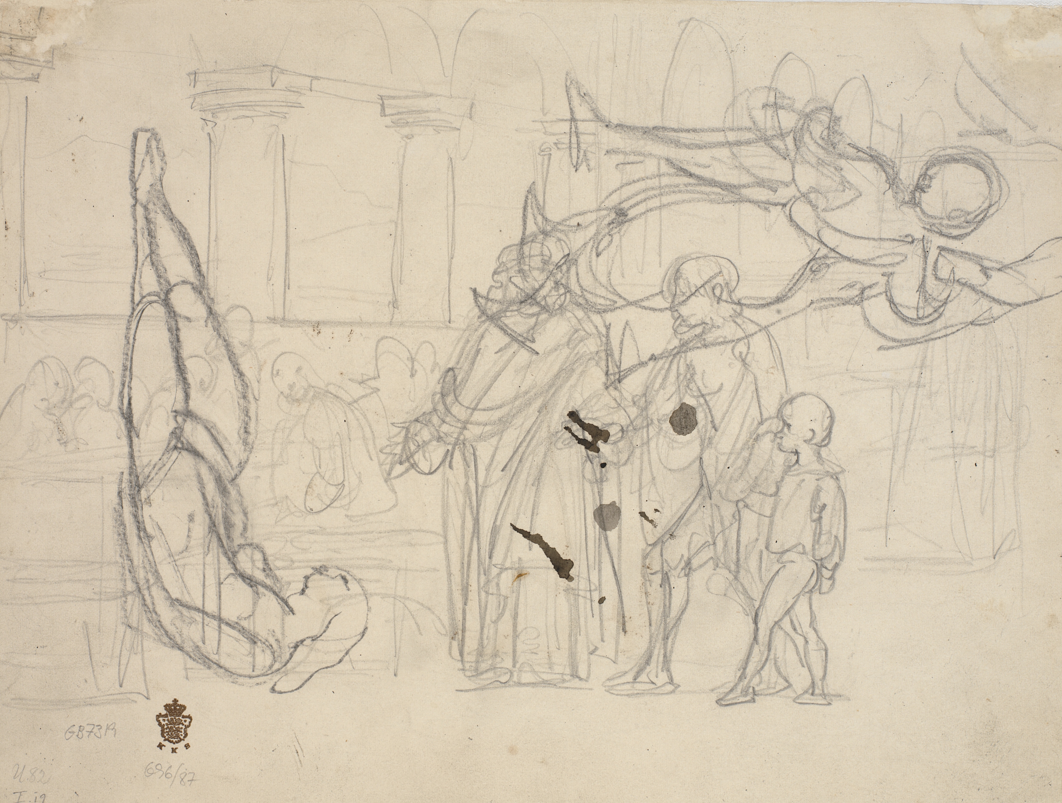 Udkast med samme emne som recto (samt model og figurstudier). Lignelsen om den store nadver